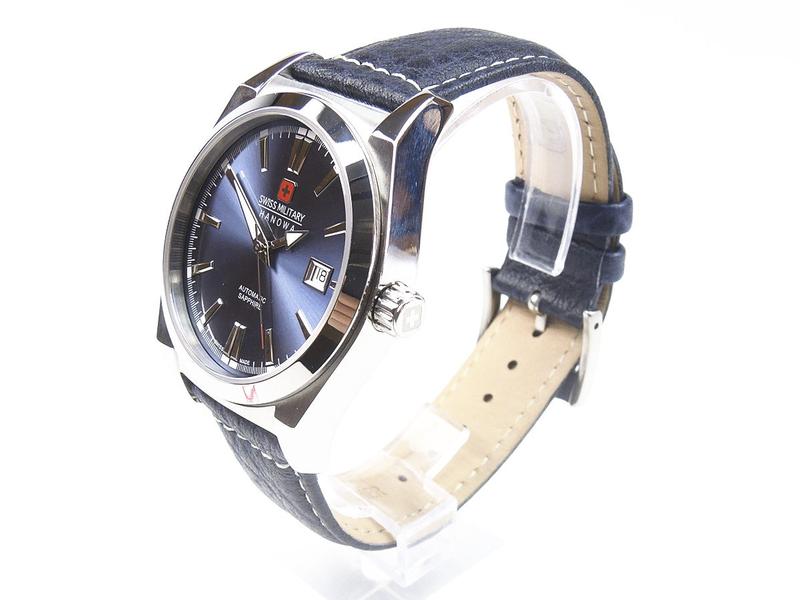Swiss Military Hanowa Herren Uhr Automatik silber blaues Kalbsleder Armband blaues Ziffernblatt