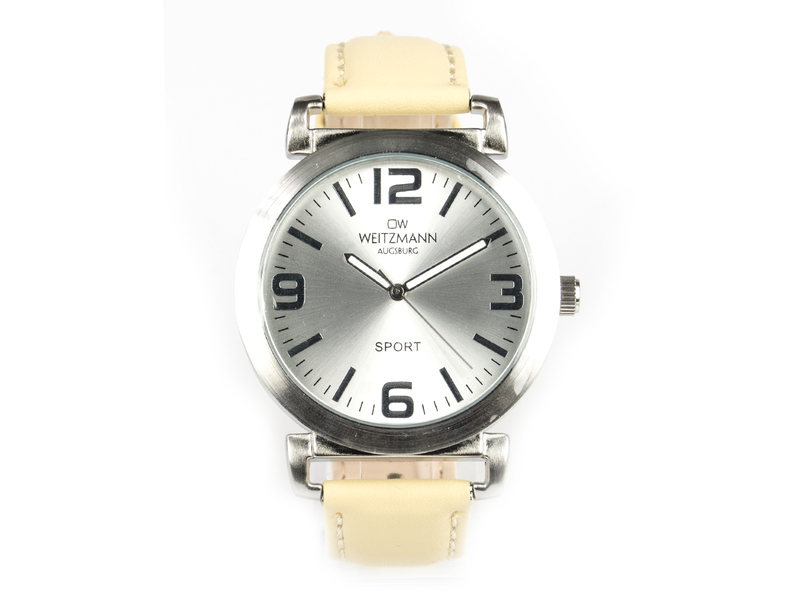 Sport, sportliche Unisex-Armbanduhr, mit silbernem Ziffernblatt, und creme Echtlederband Sport, sportliche Unisex-Armbanduhr, mit silbernem Ziffernblatt, und creme Echtlederband