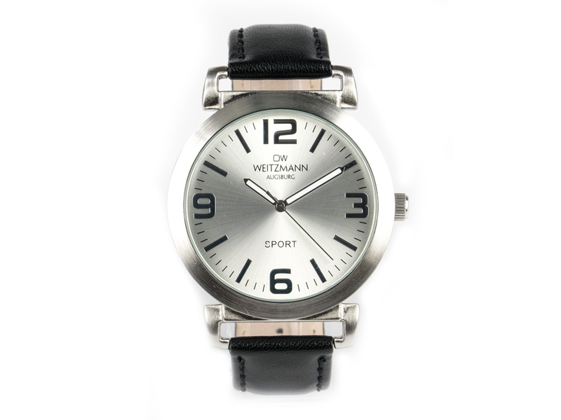 Sport, sportliche Unisex-Armbanduhr, mit silbernem Ziffernblatt, und schwarzem Echtlederband Sport, sportliche Unisex-Armbanduhr, mit silbernem Ziffernblatt, und schwarzem Echtlederband