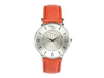 Lu,moderne Damen-Uhr, mit funkelnden Schmucksteinen, Rochen-Struktur-Echtlederband rot