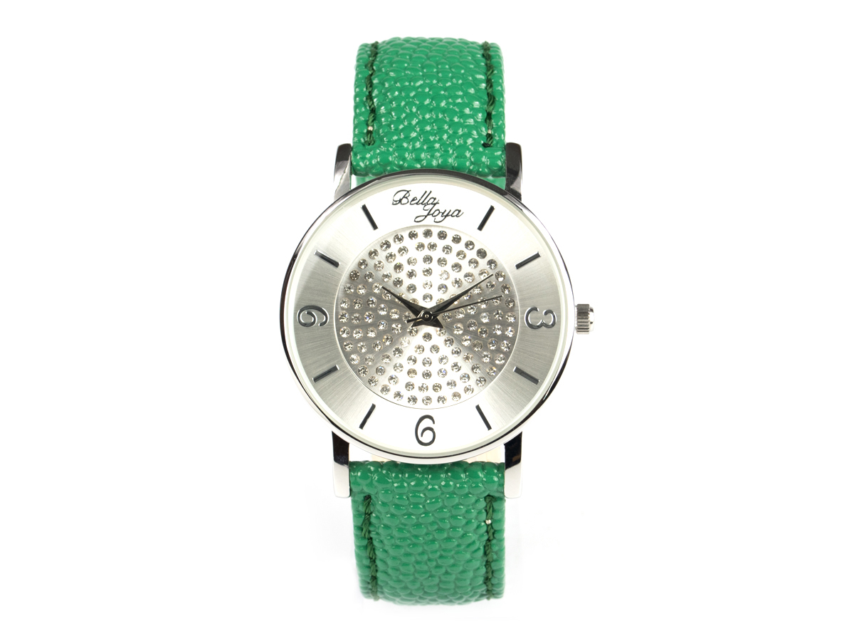 Lu, moderne Damen-Uhr, mit funkelnden Schmucksteinen, Rochen-Struktur-Echtlederband grün