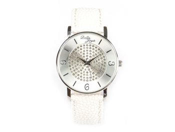 Lu, moderne Damen-Uhr, mit funkelnden Schmucksteinen, Rochen-Struktur-Echtlederband weiß