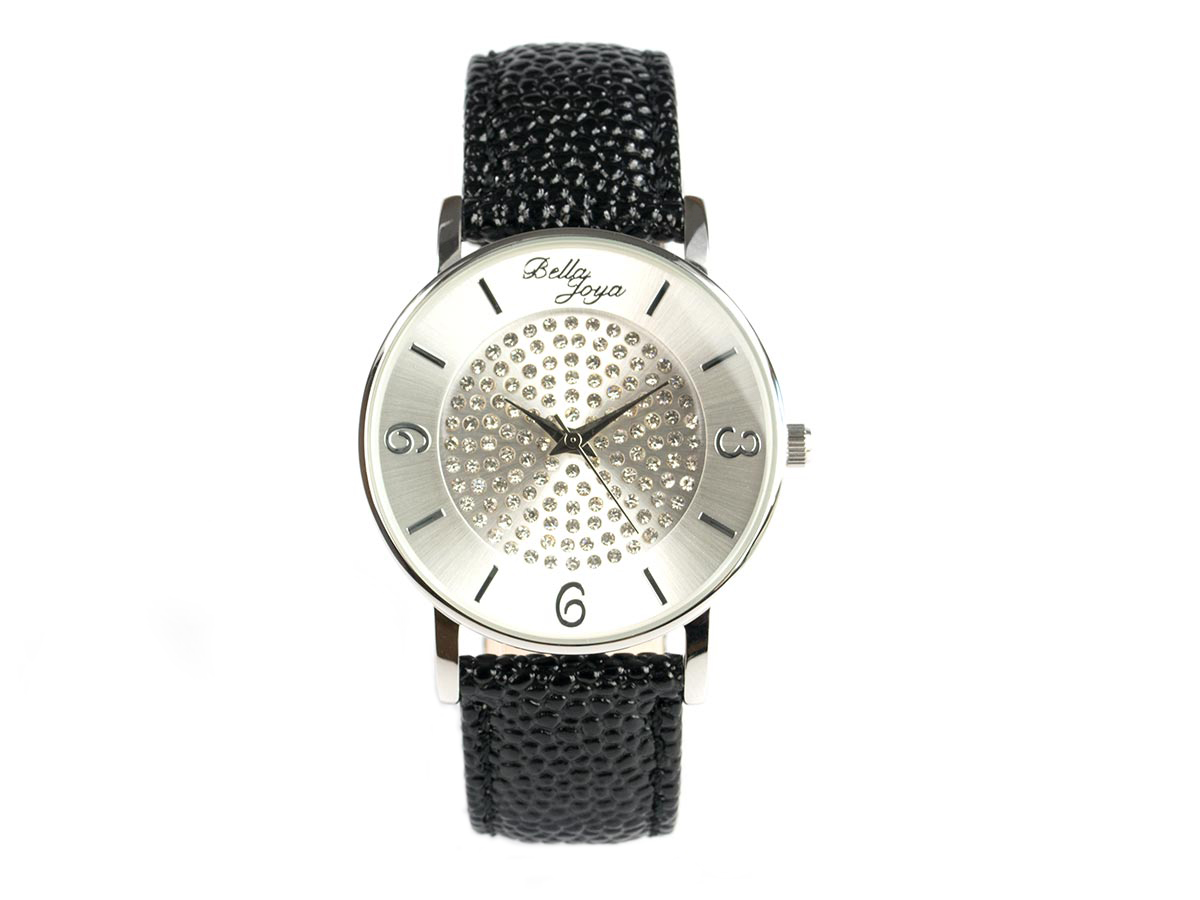 Lu, moderne Damen-Uhr, mit funkelnden Schmucksteinen, Rochen-Struktur-Echtlederband schwarz