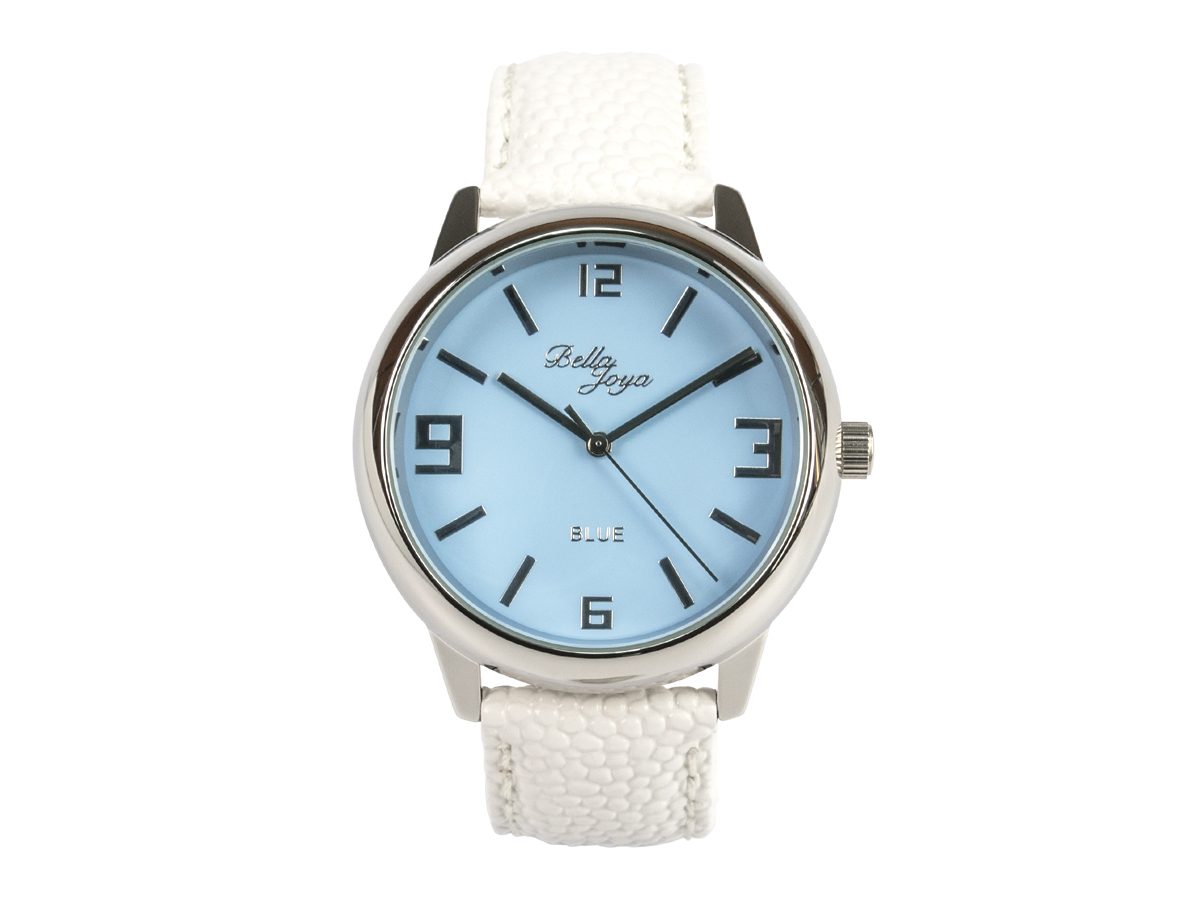 Blue, formschöne Uhr im Retro-Style, Trendfarbe Blau, Rochen-Struktur-Echtlederband weiß