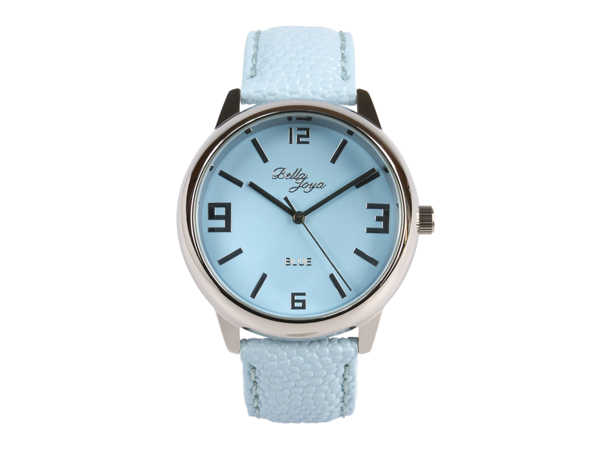 Blue, formschöne Uhr im Retro-Style, Trendfarbe Hellblau, Rochen-Struktur-Echtlederband hellblau