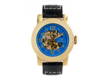 Skelett-Automatikuhr, Scorpia gold, blaues Ziffernblatt, Echtlederarmband