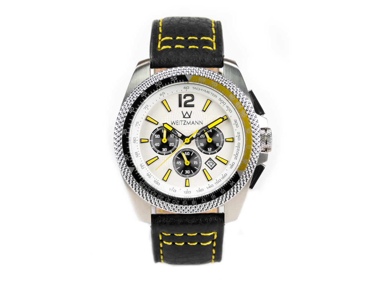 Race One yellow, white dial, buffalo leather strap