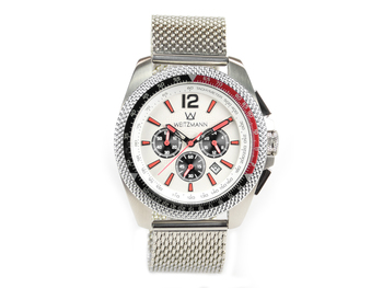 Race One red, white dial, Milanaise mesh bracelet