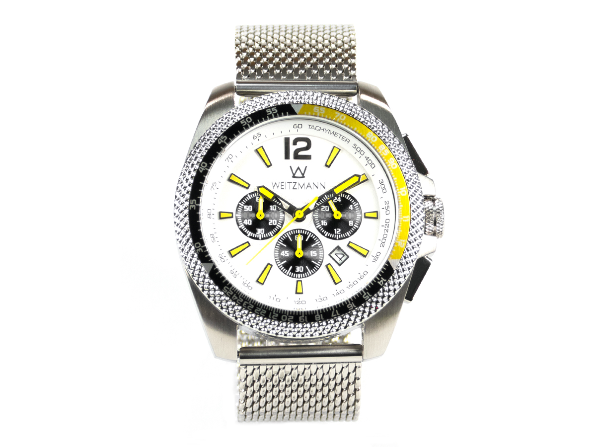 Race One yellow, white dial, Milanaise mesh bracelet