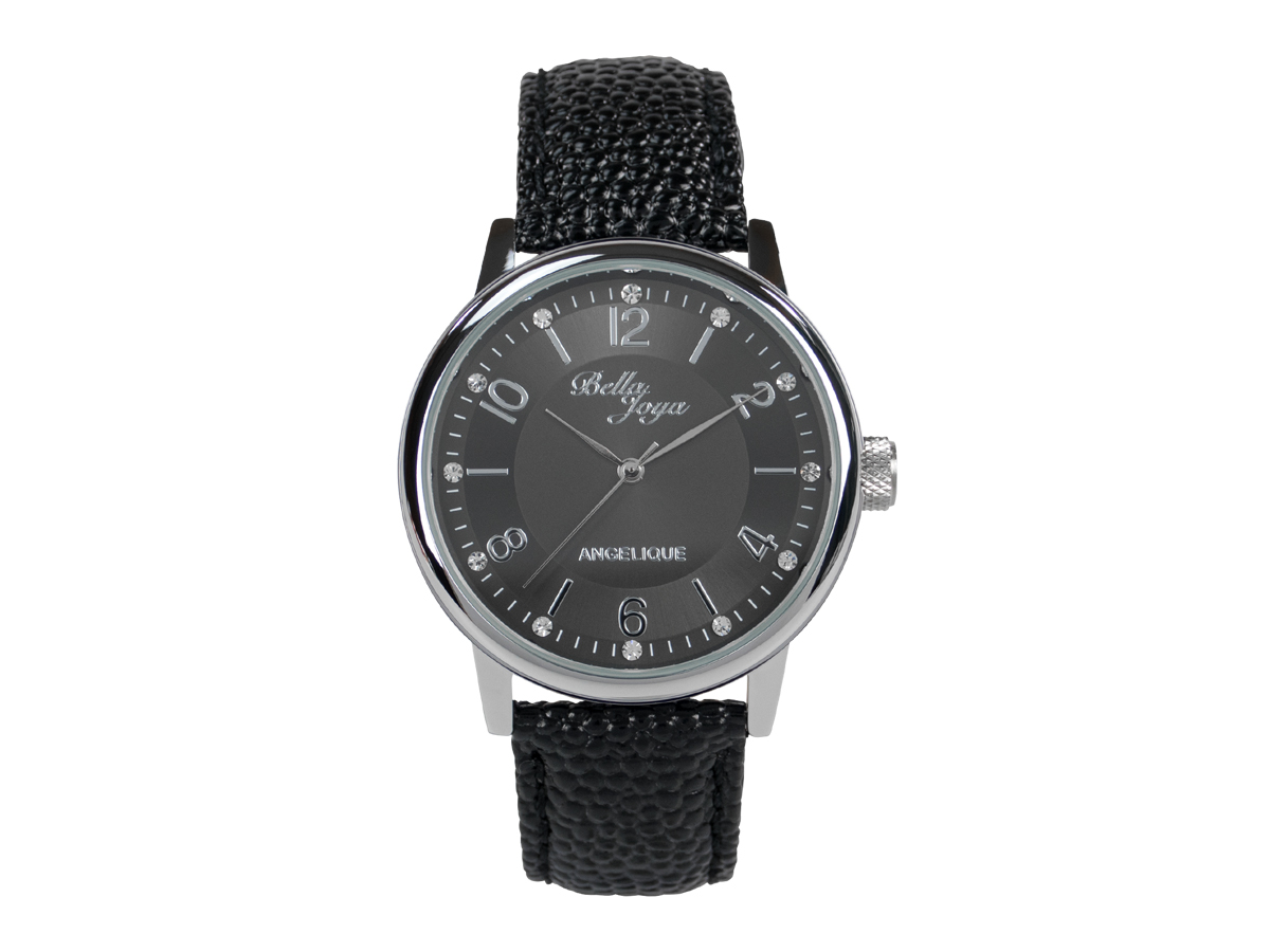 Angelique silber, elegante Mode-Uhr, Echtlederband schwarz