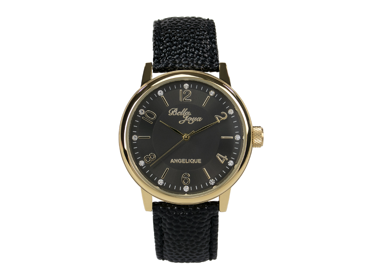 Angelique, gold, black leather strap