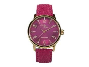 Angelique, gold, magenta leather strap