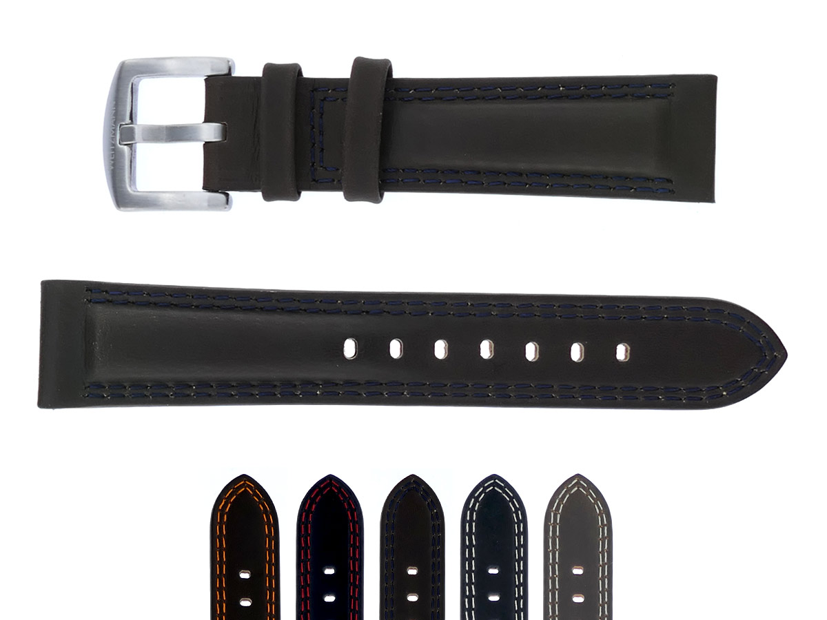 genuine vintage leather strap in brown with dark blue double stitching, smooth surface