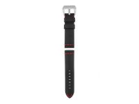 genuine vintage leather strap in black with red stitching, roughened surface