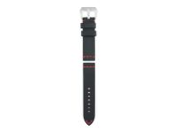 genuine vintage cowboy leather strap in black with red stitching, grained surface