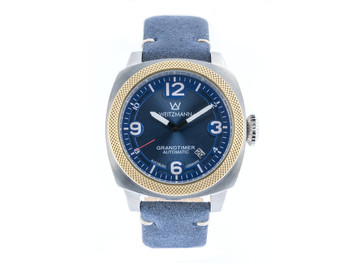 Grandtimer, bicolour, Vintage Echtlederband rau in blau mit naturfarbener Naht