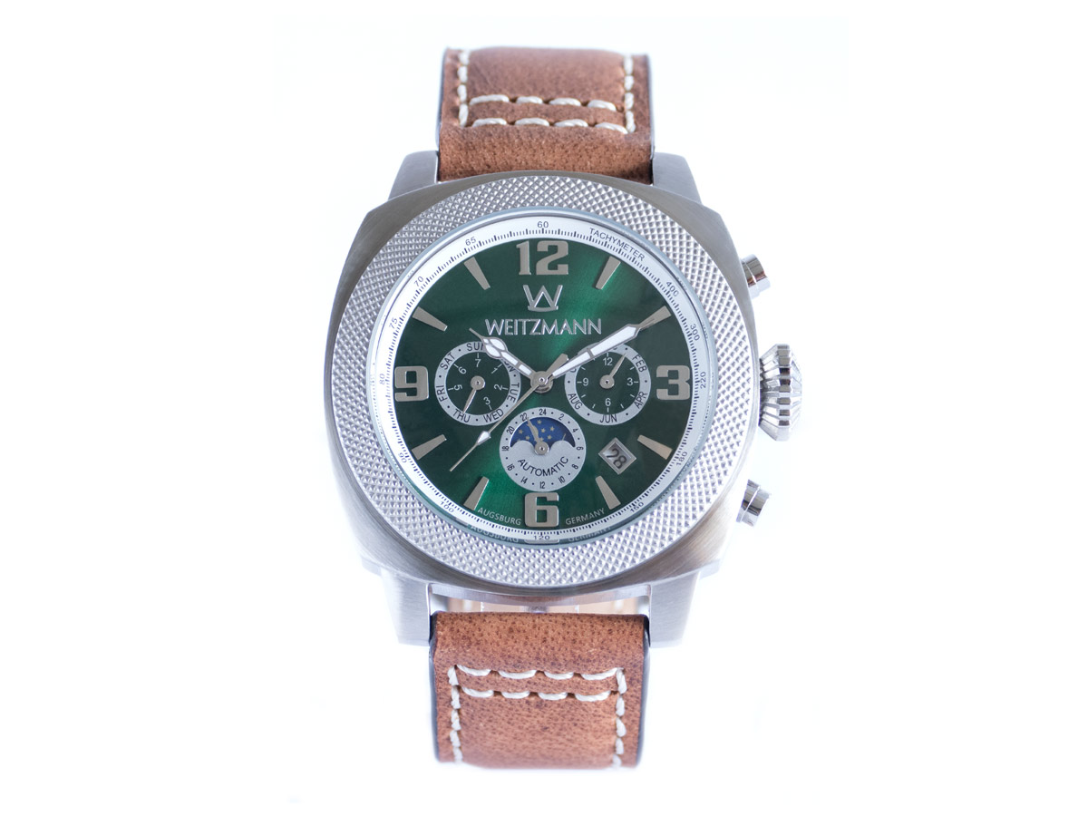 Multitimer, silver/green, genuine vintage leather strap in light brown