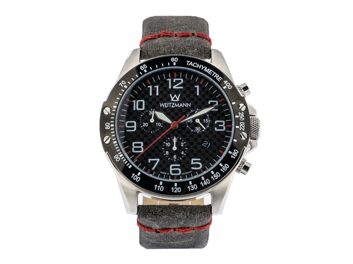 Carbon Sport 2, red hand, genuine leather strap